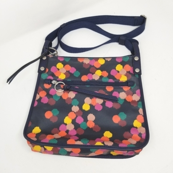 Fossil Crossbody Messenger Bag Purse Zip Multi Color Navy Confetti Print - Picture 2 of 8